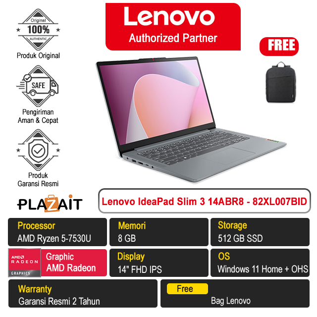 Lenovo IdeaPad Slim 3 14ABR8 - 82XL007BID /AMD Ryzen 5-7530U/8GB/512GB SSD/AMD Radeon Graphics/14″ FHD IPS/Win 11 Home+OHS 2021/Arctic Grey/2Y