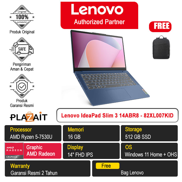 Lenovo IdeaPad Slim 3 14ABR8 - 82XL007KID /AMD Ryzen 5-7530U/16GB/512GB SSD/AMD Radeon Graphics/14″ FHD IPS/Win 11 Home+OHS 2021/Abyss Blue/2Y