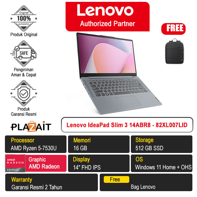 Lenovo IdeaPad Slim 3 14ABR8 - 82XL007LID /AMD Ryzen 5-7530U/16GB/512GB SSD/AMD Radeon Graphics/14″ FHD IPS/Win 11 Home+OHS 2021/Arctic Grey/2Y