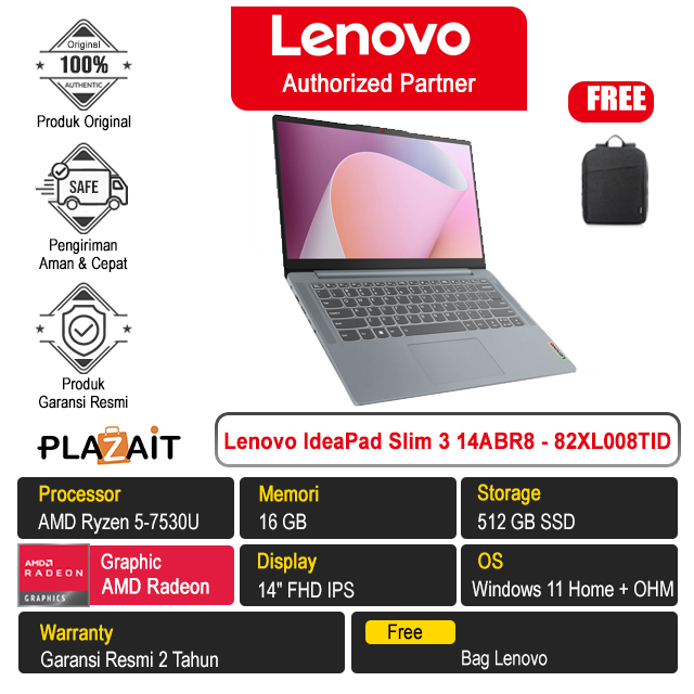 Lenovo IdeaPad Slim 3 14ABR8 - 82XL008TID /AMD Ryzen 5-7530U/16GB/512GB SSD/AMD Radeon Graphics/14″ FHD/Win 11 Home+OH24+M365/Arctic Grey/2Y