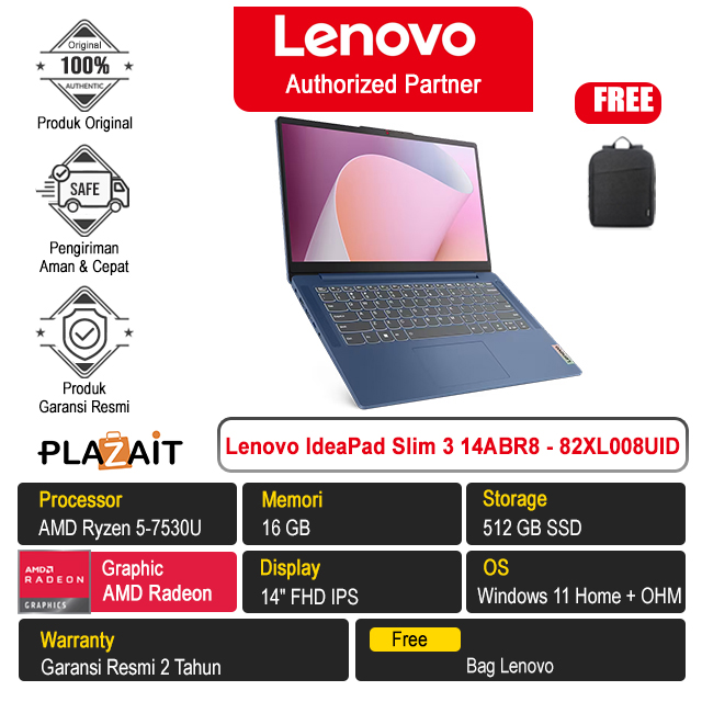 Lenovo IdeaPad Slim 3 14ABR8 - 82XL008UID /AMD Ryzen 5-7530U/16GB/512GB SSD/AMD Radeon Graphics/14″ FHD/Win 11 Home+OH24+M365/Abyss Blue/2Y