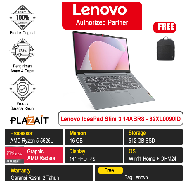 Lenovo IdeaPad Slim 3 14ABR8 - 82XL0090ID /AMD Ryzen 5-5625U/16GB/512GB SSD/AMD Radeon Graphics/14″ FHD/Win 11 Home+OH24+M365/Arctic Grey/2Y