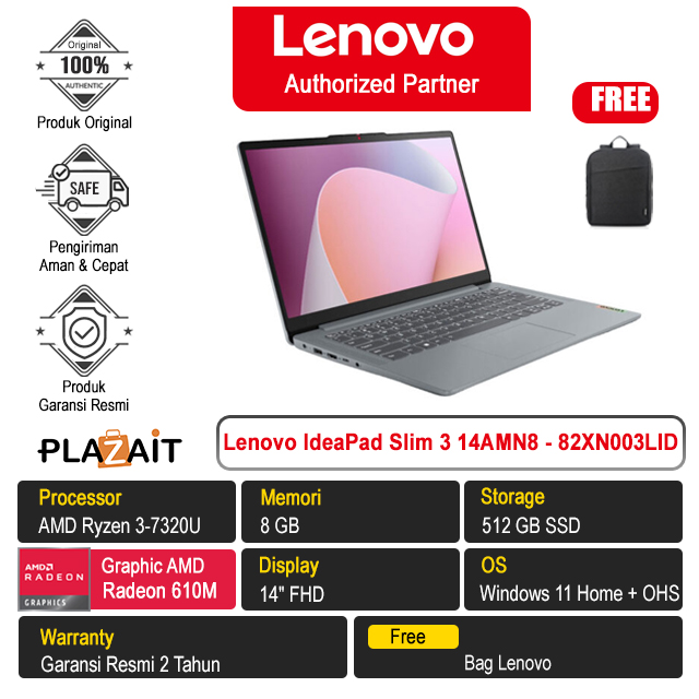 Lenovo IdeaPad Slim 3 14AMN8 - 82XN003LID /AMD Ryzen 3-7320U/8GB/512GB SSD/AMD Radeon 610M Graphics/14″ FHD TN/Win 11 Home+OHS 2021/Arctic Grey/2Y