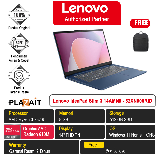 Lenovo IdeaPad Slim 3 14AMN8 - 82XN006RID /AMD Ryzen 3-7320U/8GB/512GB SSD/AMD Radeon 610M Graphics/14″ FHD TN/Win 11 Home+OHS 2021/Abyss Blue/2Y