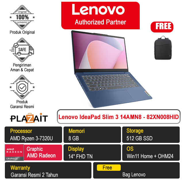 Lenovo IdeaPad Slim 3 14AMN8 - 82XN008HID /AMD Ryzen 3-7320U/8GB/512GB SSD/AMD Radeon Graphics/14″ FHD/Win 11 Home+OH24+M365/Abyss Blue/2Y