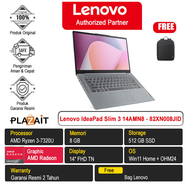 Lenovo IdeaPad Slim 3 14AMN8 - 82XN008JID /AMD Ryzen 3-7320U/8GB/512GB SSD/AMD Radeon Graphics/14″ FHD/Win 11 Home+OH24+M365/Arctic Grey/2Y