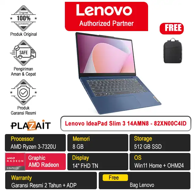 Lenovo IdeaPad Slim 3 14AMN8 - 82XN00C4ID /AMD Ryzen 3-7320U/8GB/512GB SSD/AMD Radeon Graphics/14″ FHD/Win 11 Home+OH24+M365/Abyss Blue/2Y