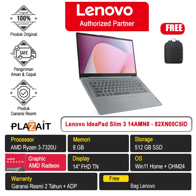 Lenovo IdeaPad Slim 3 14AMN8 - 82XN00C5ID /AMD Ryzen 3-7320U/8GB/512GB SSD/AMD Radeon Graphics/14″ FHD/Win 11 Home+OH24+M365/Arctic Grey/2Y