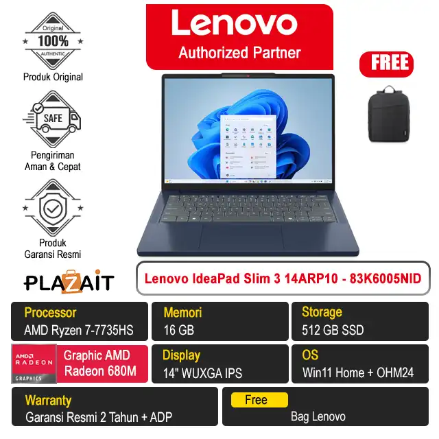 Lenovo IdeaPad Slim 3 14ARP10 - 83K6005NID /AMD Ryzen 7-7735HS/16GB/512GB SSD/AMD Radeon Graphics/14" WUXGA IPS/Win 11 Home+OH24+M365/Cosmic Blue/2Y
