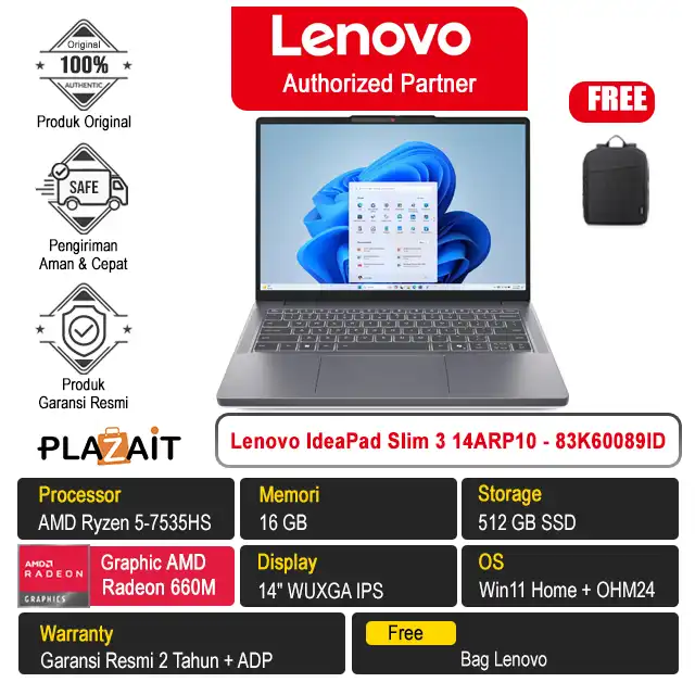 Lenovo IdeaPad Slim 3 14ARP10 - 83K60089ID /AMD Ryzen 5-7535HS/16GB/512GB SSD/AMD Radeon Graphics/14" WUXGA IPS/Win 11 Home+OH24+M365/Luna Grey/2Y