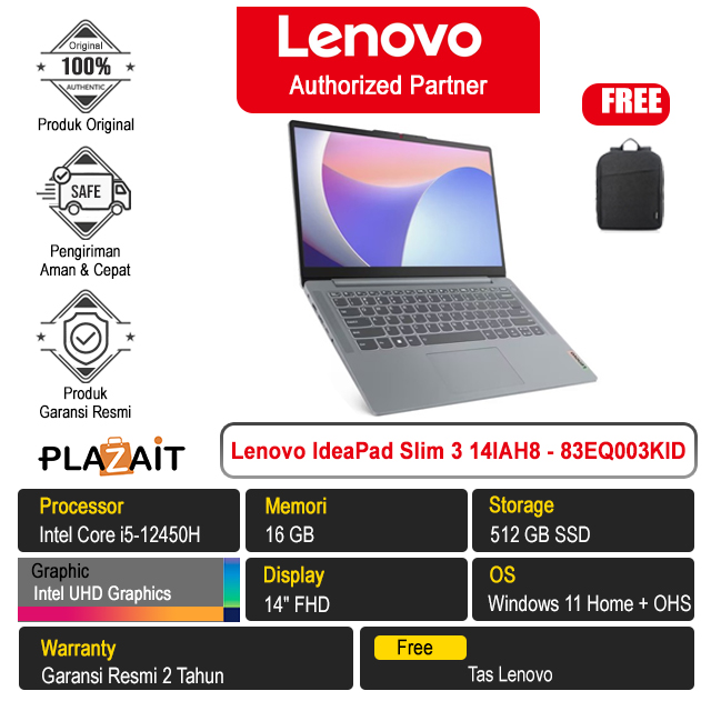Lenovo IdeaPad Slim 3 14IAH8 - 83EQ003KID /Intel Core i5-12450H/16GB/512GB SSD/Intel UHD Graphics/14″ FHD/Win 11 Home+OHS 2021/Arctic Grey/2Y