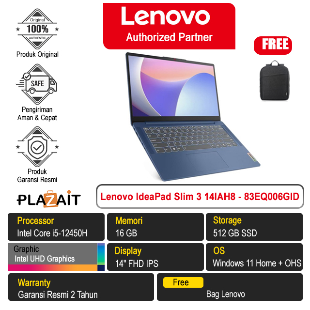 Lenovo IdeaPad Slim 3 14IAH8 - 83EQ006GID /Intel Core i5-12450H/16GB/512GB SSD/Intel UHD Graphics/14″ FHD IPS/Win 11 Home+OHS 2021/Abyss Blue/2Y