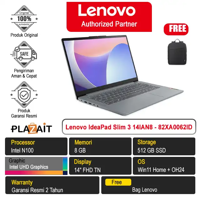 Lenovo IdeaPad Slim 3 14IAN8 - 82XA0062ID /Intel N100/8GB/512GB SSD/Intel UHD Graphics/14" FHD TN/Win 11 Home+OH24/Arctic Grey/2Y