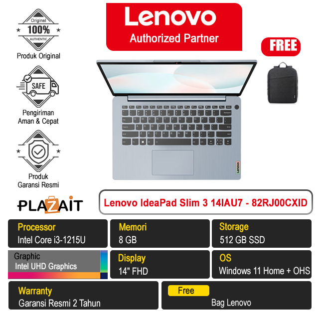 Lenovo IdeaPad Slim 3 14IAU7 - 82RJ00CXID /Intel Core i3-1215U/8GB/512GB SSD/Intel UHD Graphics/14″ FHD/Win 11 Home+OHS 2021/Misty Blue/2Y