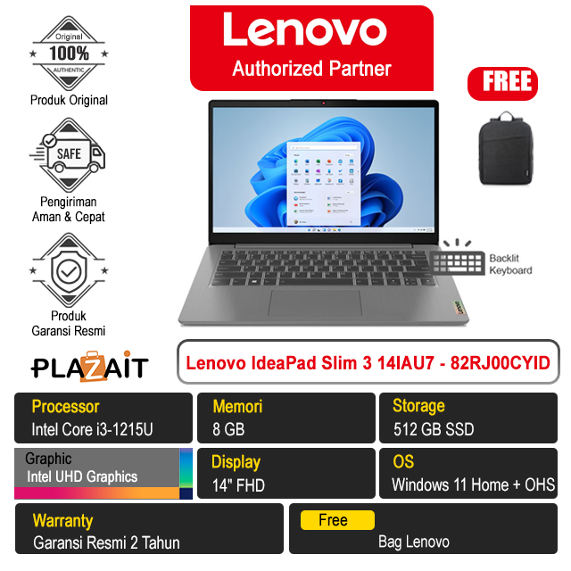 Lenovo IdeaPad Slim 3 14IAU7 - 82RJ00CYID /Intel Core i3-1215U/8GB/512GB SSD/Intel UHD Graphics/14″ FHD/Win 11 Home+OHS 2021/Arctic Grey/2Y