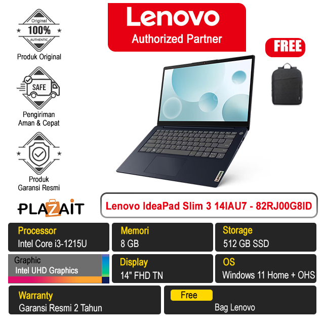 Lenovo IdeaPad Slim 3 14IAU7 - 82RJ00G8ID /Intel Core i3-1215U/8GB/512GB SSD/Intel UHD Graphics/14″ FHD TN/Win 11 Home+OHS 2021/Abyss Blue/2Y