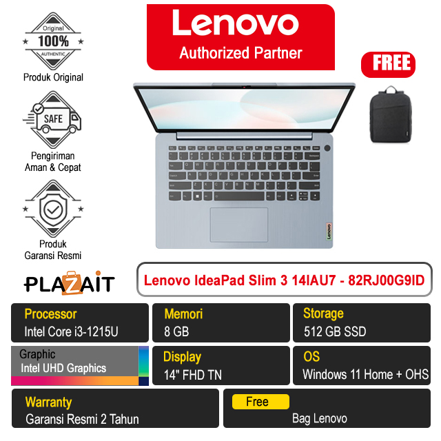 Lenovo IdeaPad Slim 3 14IAU7 - 82RJ00G9ID /Intel Core i3-1215U/8GB/512GB SSD/Intel UHD Graphics/14″ FHD TN/Win 11 Home+OHS 2021/Misty Blue/2Y