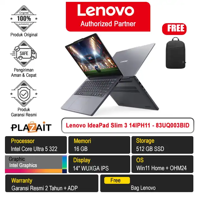 Lenovo IdeaPad Slim 3 14IPH11 - 83UQ003BID /Intel Core Ultra 5-322/16GB/512GB SSD/Intel Graphics/14″ WUXGA IPS/Win 11 Home+OH24+M365/Luna Grey/2Y