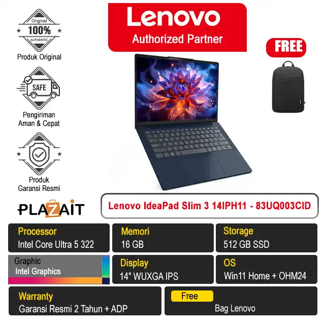 Lenovo IdeaPad Slim 3 14IPH11 - 83UQ003CID /Intel Core Ultra 5-322/16GB/512GB SSD/Intel Graphics/14″ WUXGA IPS/Win 11 Home+OH24+M365/Cosmic Blue/2Y