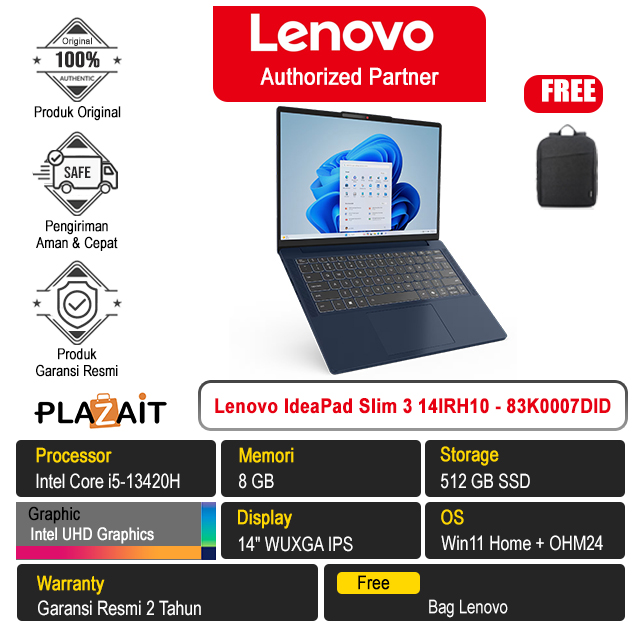 Lenovo IdeaPad Slim 3 14IRH10 - 83K0007DID /Intel Core i5-13420H/8GB/512GB SSD/Intel UHD Graphics/14″ WUXGA IPS/Win 11 Home+OH24+M365/Cosmic Blue/2Y