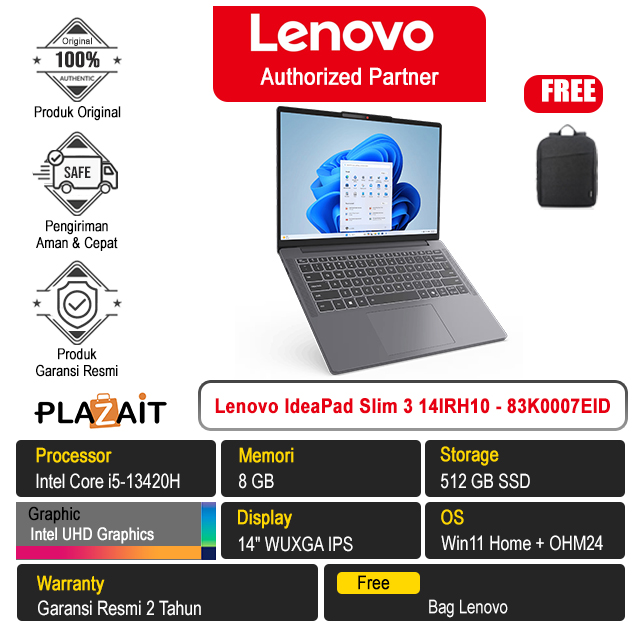 Lenovo IdeaPad Slim 3 14IRH10 - 83K0007EID /Intel Core i5-13420H/8GB/512GB SSD/Intel UHD Graphics/14″ WUXGA IPS/Win 11 Home+OH24+M365/Luna Grey/2Y