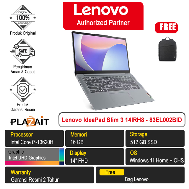 Lenovo IdeaPad Slim 3 14IRH8 - 83EL002BID /Intel Core i7-13620H/16GB/512GB SSD/Intel UHD Graphics/14″ FHD/Win 11 Home+OHS 2021/Arctic Grey/2Y