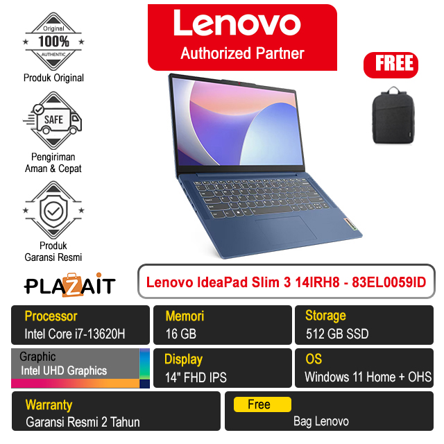 Lenovo IdeaPad Slim 3 14IRH8 - 83EL0059ID /Intel Core i7-13620H/16GB/512GB SSD/Intel UHD Graphics/14″ FHD IPS/Win 11 Home+OHS 2021/Abyss Blue/2Y