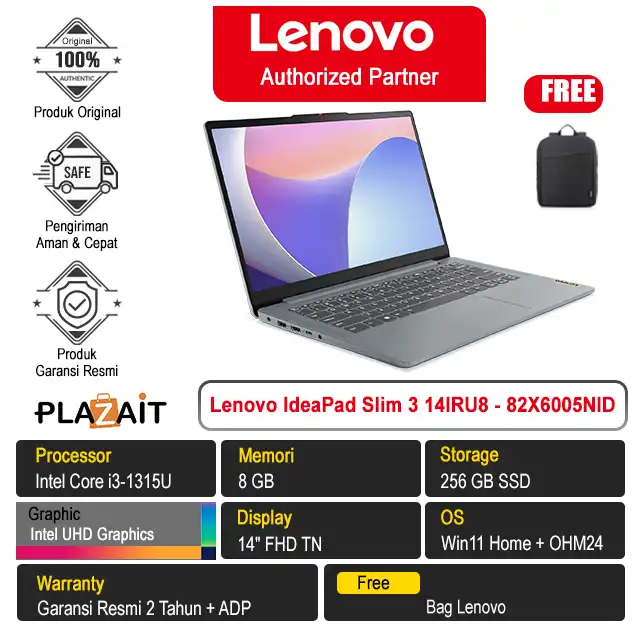 Lenovo IdeaPad Slim 3 14IRU8 - 82X6005NID /Intel Core i3-1315U/8GB/256GB SSD/Intel UHD Graphics/14″ FHD TN/Win 11 Home+OH24+M365/Arctic Grey/2Y
