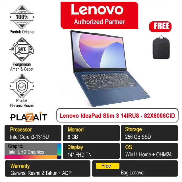 Lenovo IdeaPad Slim 3 14IRU8 - 82X6006CID /Intel Core i3-1315U/8GB/256GB SSD/Intel UHD Graphics/14″ FHD TN/Win 11 Home+OH24+M365/Abyss Blue/2Y