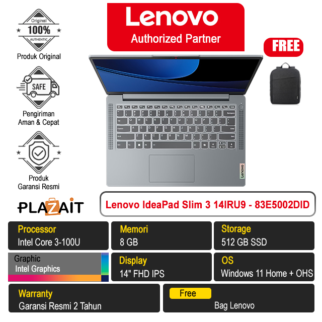 Lenovo IdeaPad Slim 3 14IRU9 - 83E5002DID /Intel Core 3-100U/8GB/512GB SSD/Intel Graphics/14″ FHD IPS/Win 11 Home+OHS 2021/Arctic Grey/2Y