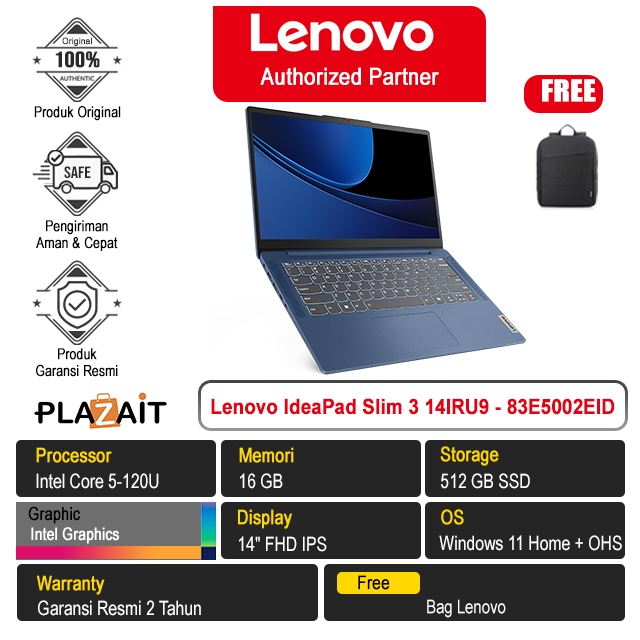 Lenovo IdeaPad Slim 3 14IRU9 - 83E5002EID /Intel Core 5-120U/16GB/512GB SSD/Intel Graphics/14″ FHD IPS/Win 11 Home+OHS 2021/Abyss Blue/2Y