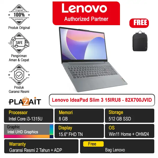 Lenovo IdeaPad Slim 3 15IRU8 - 82X700JVID /Intel Core i3-1315U/8GB/512GB SSD/Intel UHD Graphics/15.6″ FHD/Win 11 Home+OH24+M365/Arctic Grey/2Y