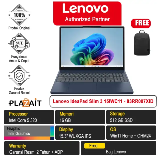 Lenovo IdeaPad Slim 3 15IWC11 - 83RR007XID /Intel Core 5 320/16GB/512GB SSD/Intel Graphics/15.3" WUXGA IPS/Win 11 Home+OH24+M365/Cosmic Blue/2Y