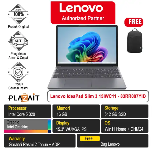 Lenovo IdeaPad Slim 3 15IWC11 - 83RR007YID /Intel Core 5 320/16GB/512GB SSD/Intel Graphics/15.3" WUXGA IPS/Win 11 Home+OH24+M365/Luna Grey/2Y