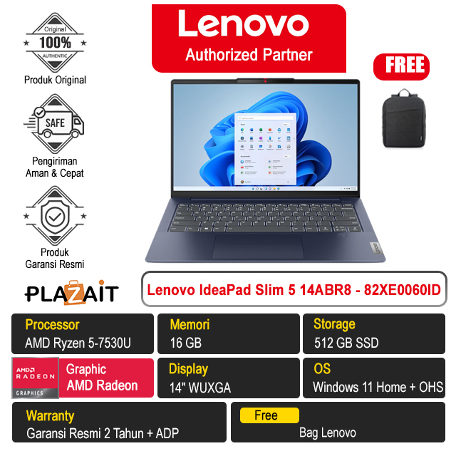Lenovo IdeaPad Slim 5 14ABR8 - 82XE0060ID /AMD Ryzen 5-7530U/16GB/512GB SSD/AMD Radeon Graphics/14″ WUXGA IPS/Win 11 Home+OHS 2021/Abyss Blue/2Y