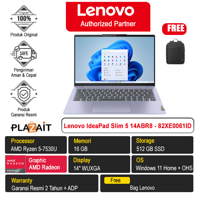 Lenovo IdeaPad Slim 5 14ABR8 - 82XE0061ID /AMD Ryzen 5-7530U/16GB/512GB SSD/AMD Radeon Graphics/14″ WUXGA IPS/Win 11 Home+OHS 2021/Violet/2Y