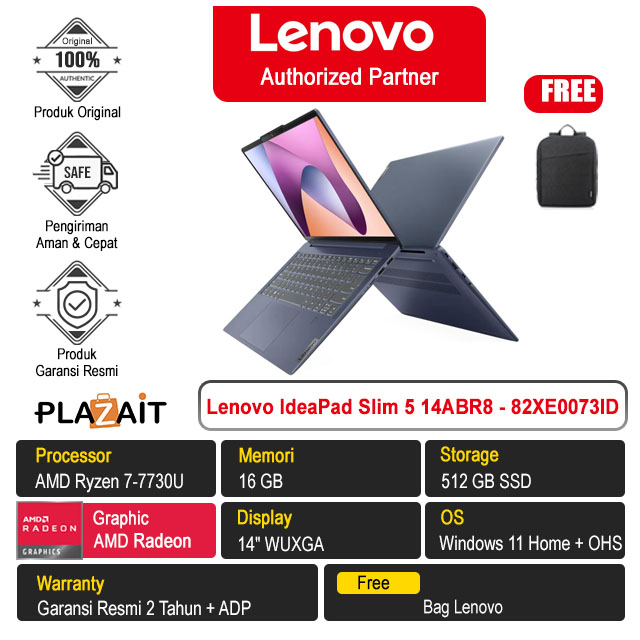 Lenovo IdeaPad Slim 5 14ABR8 - 82XE0073ID /AMD Ryzen 7-7730U/16GB/512GB SSD/AMD Radeon Graphics/14″ WUXGA/Win 11 Home+OHS 2021/Abyss Blue/2Y