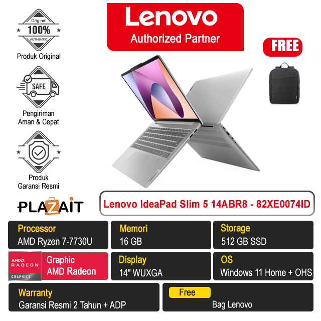 Lenovo IdeaPad Slim 5 14ABR8 - 82XE0074ID /AMD Ryzen 7-7730U/16GB/512GB SSD/AMD Radeon Graphics/14″ WUXGA/Win 11 Home+OHS 2021/Cloud Grey/2Y