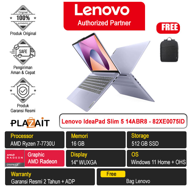 Lenovo IdeaPad Slim 5 14ABR8 - 82XE0075ID /AMD Ryzen 7-7730U/16GB/512GB SSD/AMD Radeon Graphics/14″ WUXGA/Win 11 Home+OHS 2021/Violet/2Y