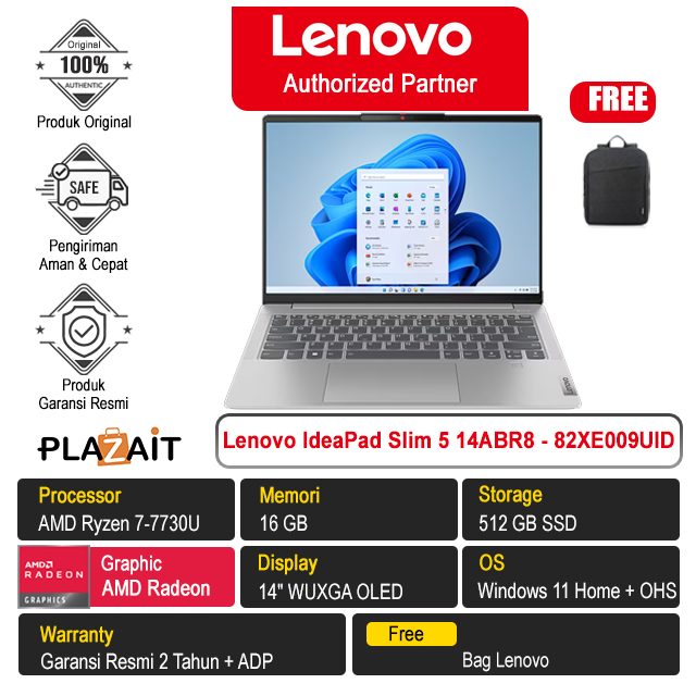 Lenovo IdeaPad Slim 5 14ABR8 - 82XE009UID /AMD Ryzen 7-7730U/16GB/512GB SSD/AMD Radeon Graphics/14″ WUXGA OLED/Win 11 Home+OHS 2021/Cloud Grey/2Y