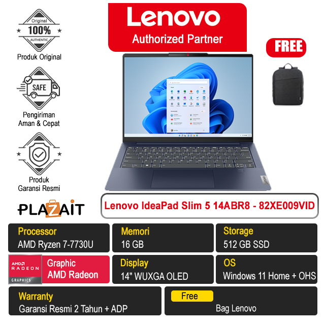 Lenovo IdeaPad Slim 5 14ABR8 - 82XE009VID /AMD Ryzen 7-7730U/16GB/512GB SSD/AMD Radeon Graphics/14″ WUXGA OLED/Win 11 Home+OHS 2021/Abyss Blue/2Y