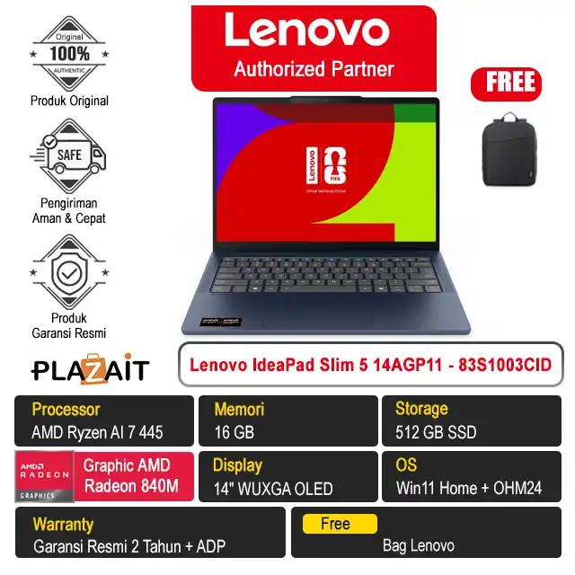 Lenovo IdeaPad Slim 5 14AGP11 - 83S1003CID /AMD Ryzen AI 7 445/16GB/512GB SSD/AMD Radeon Graphics/14" WUXGA OLED/Win 11 Home+OH24+M365/Cosmic Blue/2Y