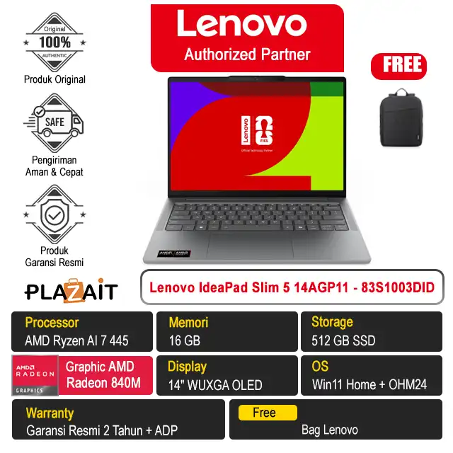 Lenovo IdeaPad Slim 5 14AGP11 - 83S1003DID /AMD Ryzen AI 7 445/16GB/512GB SSD/AMD Radeon Graphics/14" WUXGA OLED/Win 11 Home+OH24+M365/Luna Grey/2Y