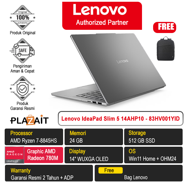 Lenovo IdeaPad Slim 5 14AHP10 - 83HV001YID /AMD Ryzen 7-8845HS/24GB/512GB SSD/AMD Radeon 780M Graphics/14" WUXGA OLED/Win 11 Home+OH24+M365/Luna Grey/2Y