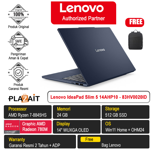 Lenovo IdeaPad Slim 5 14AHP10 - 83HV0020ID /AMD Ryzen 7-8845HS/24GB/512GB SSD/AMD Radeon 780M Graphics/14" WUXGA OLED/Win 11 Home+OH24+M365/Cosmic Blue/2Y