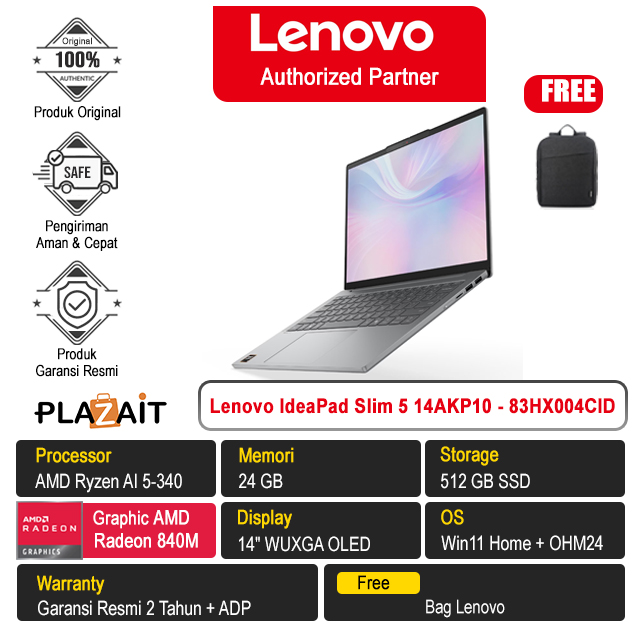 Lenovo IdeaPad Slim 5 14AKP10 - 83HX004CID /AMD Ryzen AI 5-340/24GB/512GB SSD/AMD Radeon Graphics/14" WUXGA OLED/Win 11 Home+OH24+M365/Luna Grey/2Y