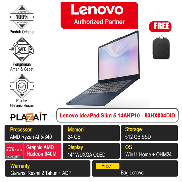 Lenovo IdeaPad Slim 5 14AKP10 - 83HX004DID /AMD Ryzen AI 5-340/24GB/512GB SSD/AMD Radeon Graphics/14" WUXGA OLED/Win 11 Home+OH24+M365/Cosmic Blue/2Y