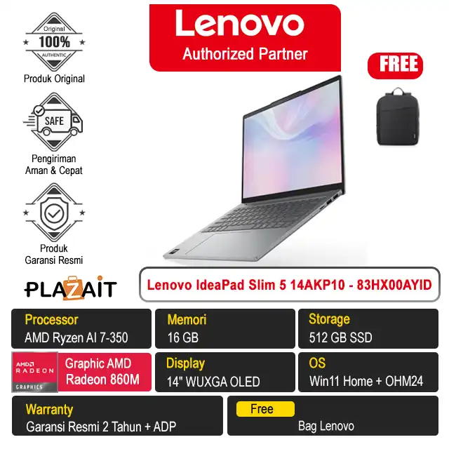 Lenovo IdeaPad Slim 5 14AKP10 - 83HX00AYID /AMD Ryzen AI 7-350/16GB/512GB SSD/AMD Radeon Graphics/14" WUXGA OLED/Win 11 Home+OH24+M365/Luna Grey/2Y