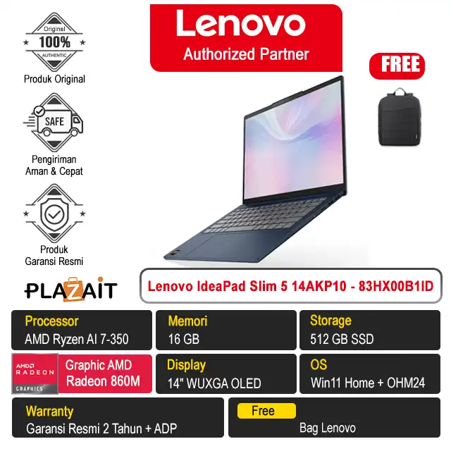 Lenovo IdeaPad Slim 5 14AKP10 - 83HX00B1ID /AMD Ryzen AI 7-350/16GB/512GB SSD/AMD Radeon Graphics/14" WUXGA OLED/Win 11 Home+OH24+M365/Cosmic Blue/2Y