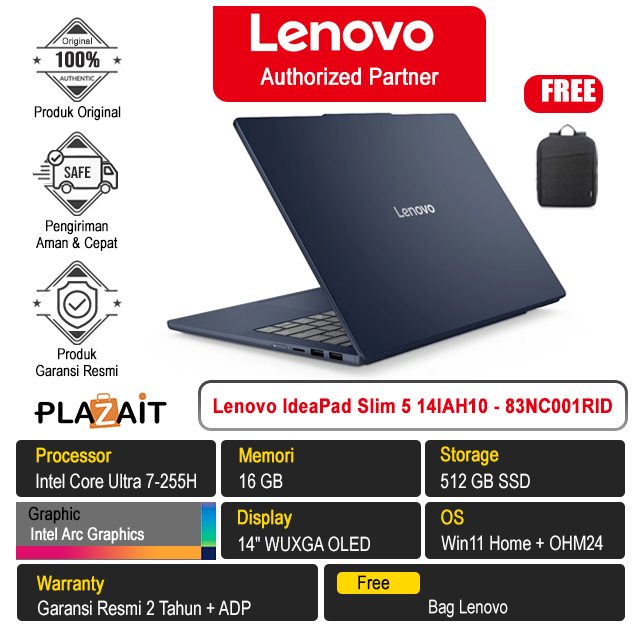 Lenovo IdeaPad Slim 5 14IAH10 - 83NC001RID /Intel Core Ultra 7-255H/16GB/512GB SSD/Intel Arc Graphics/14" WUXGA OLED/Win 11 Home+OH24+M365/Cosmic Blue/2Y